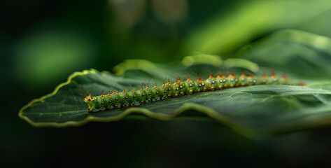 Naklejka premium close up of caterpillar, Caterpillar Army on the Move A line of caterpillars marches across a leaf, following a pheromone trail and consuming vegetation in their path photography