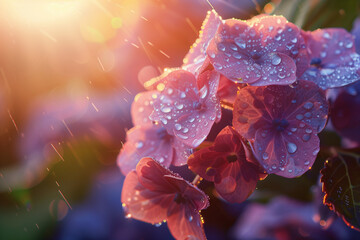 purple and pink hydrangea flowers in morning sun with dewdrops (3)