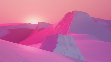 Surreal pink landscape featuring mountains in the warm glow of a pink sunset. 