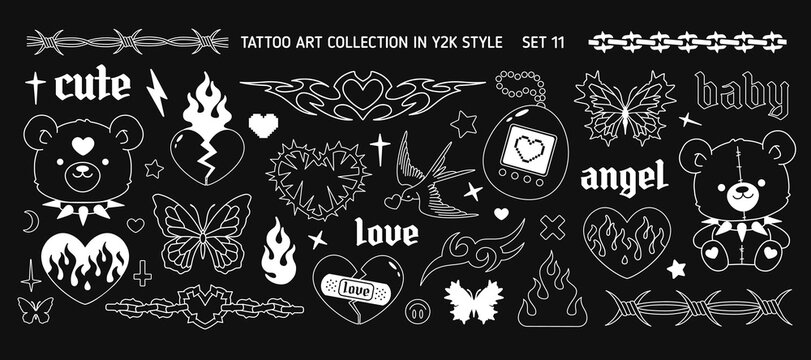 Y2k fashion elements in 2000s style set 11. Y2k Gothic heart, butterfly, chain, flame silhouette, teddy bear head. Opium style fashion elements. Gothic tattoo stickers. Printable vector designs