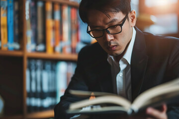 Focused Japanese business man reading a book in office closeup
