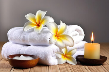 Burning candle with cream, white towels and frangipani flowers on a table. Spa ritual.
