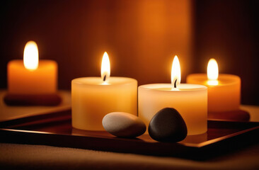 Fototapeta na wymiar Aromatic candles with stones for spa massage on a wooden board.