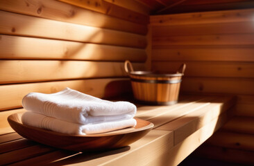 Fototapeta na wymiar Bathhouse, sauna or banya with towels and wooden bucket.