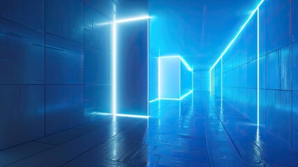a blue cube building showcasing modern architecture, emphasizing the surprising aesthetic of white neon light edges outlining the structure.