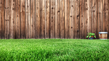green grass lawn and wooden fence in summer backyard garden - 747201072