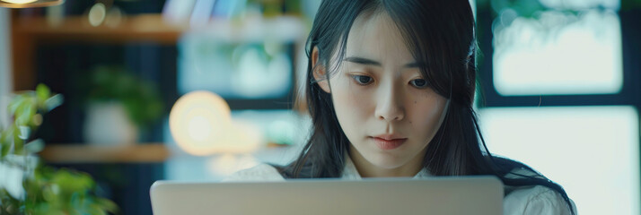 Focused Japanese business woman typing at laptop in office closeup. Girl surfing internet