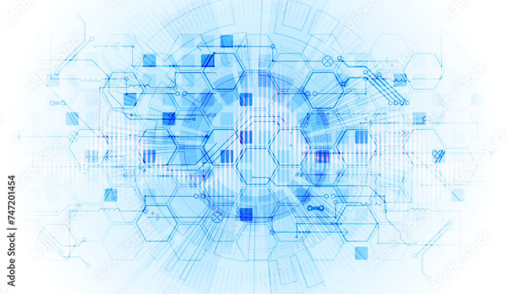Wall mural scientific and technological concept with the use of technical elements formed in the shape of a cir