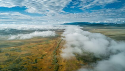 Morning landscape. Mongolian prairies and clouds above them generated AI
