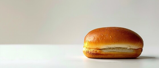 Over a white setting, one single, newly browned hot dog bun and space, Generative AI. - obrazy, fototapety, plakaty