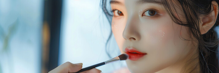 Makeup artist applies Makeup artist applies powder and blush . Beautiful Asian Woman face. Hand of make-up master puts blush on cheeks beauty model girl . Make up in process . Beautiful woman