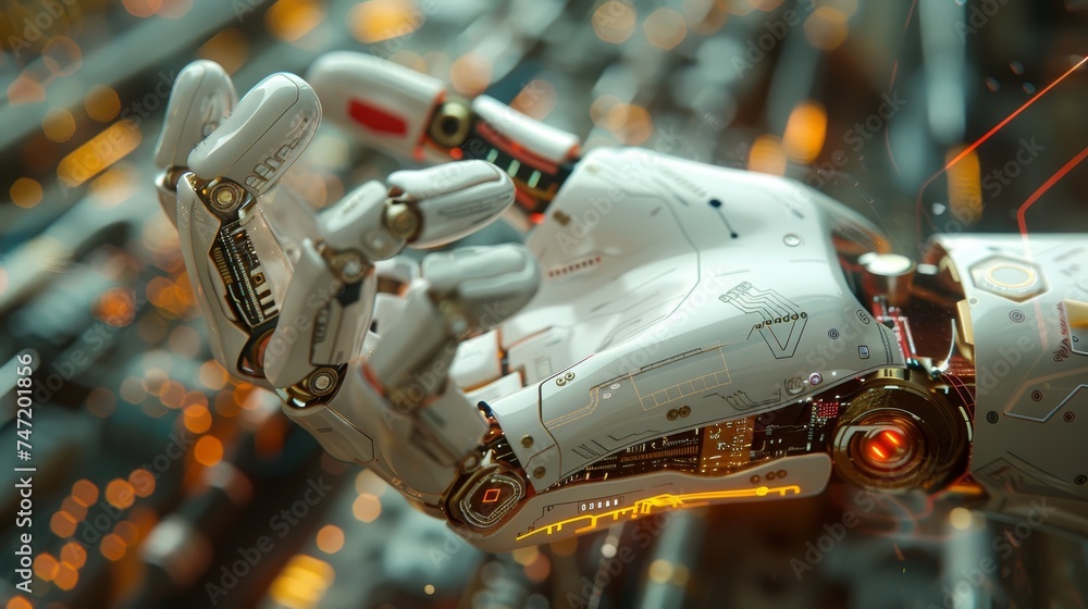 Poster a close-up of a sophisticated robotic arm with intricate circuitry, set against the backdrop of a hi