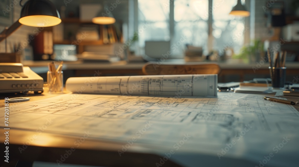 Poster an inspiring architectural studio filled with natural light, highlighting a desk cluttered with desi