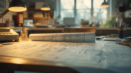 An inspiring architectural studio filled with natural light, highlighting a desk cluttered with design blueprints and drafting tools.