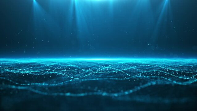 Blue technology wave particles, blue light particles rising, ocean particle dynamic video, LED background for corporate press conference.