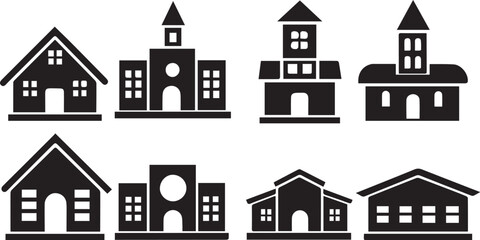 Set of buildings, house icons, collection home sign. Hand drawn vector illustration