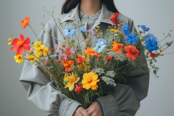 Woman holds a vibrant assortment of wildflowers, embodying spring's essence