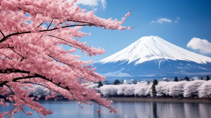Scenic mountain landscape with blooming sakura trees in japan during spring season