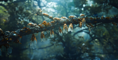 A group of abandoned cicada exoskeletons cling to a tree branch, a reminder of the massive emergence of these periodical insects photography - obrazy, fototapety, plakaty