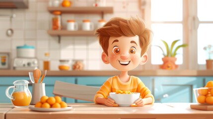 Cute boy having breakfast porridge in kitchen. Morning routine