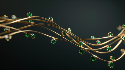 Gold metal wire line with green gem stones