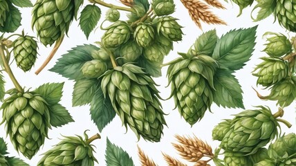 Watercolor Hops Cones And Fresh Hops With Wheat Visuals - obrazy, fototapety, plakaty