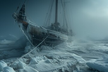 Obraz premium Ship Encased in Ice in the Open Ocean