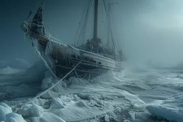 Deurstickers Ship Encased in Ice in the Open Ocean © hakule