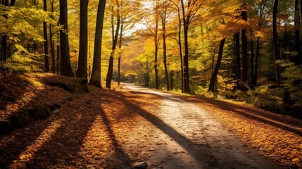 Obraz premium Autumn road in the forest with yellow leaves and trees in the background