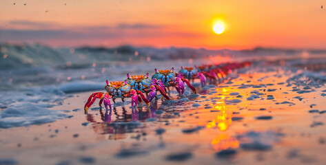 sunset at the beach, A line of colorful crabs scuttle across the beach at sunrise, their shells reflecting the morning light photography - obrazy, fototapety, plakaty