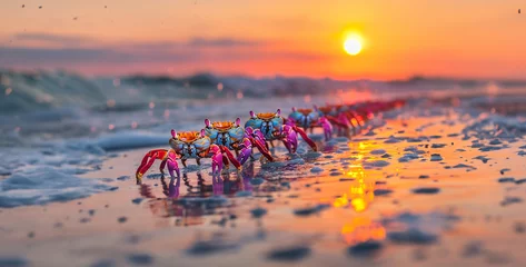 Papier Peint photo Réflexion sunset at the beach, A line of colorful crabs scuttle across the beach at sunrise, their shells reflecting the morning light photography