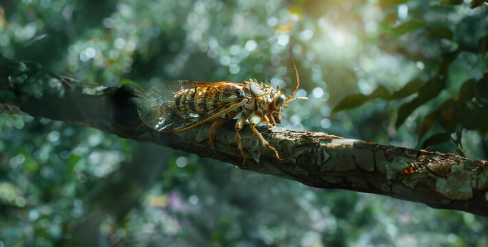 A abandoned cicada exoskeleton hangs on a tree branch, a reminder of the cycle of life and transformation photography