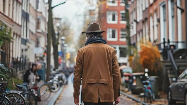 A young man in a brown coat and a hat walks along the streets of Amsterdam.