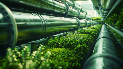 Pipeline system for green renewable energy production. Pipes and green plants. Future industry concept. Generative AI