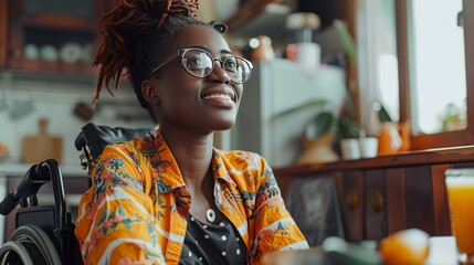 Smiling african american woman sitting in a wheelchair