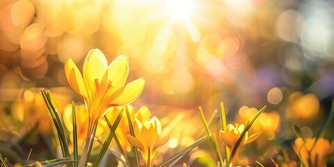 beautiful crocus flower in spring sun with blurred background copy space