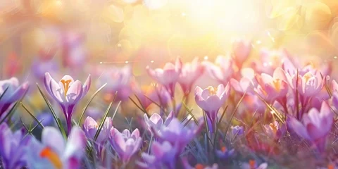 Zelfklevend Fotobehang beautiful crocus flower in spring sun with blurred background copy space © David Kreuzberg