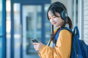 Young Japanese female teenager student wearing headphones and backpack using smartphone at university