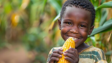 Portrait of a African boy eating grilled corn with a blurry backdrop and a space for text or product, Generative AI. - obrazy, fototapety, plakaty