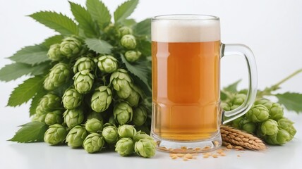 Mug Of Beer Next To Wheat Ears And Green Hops