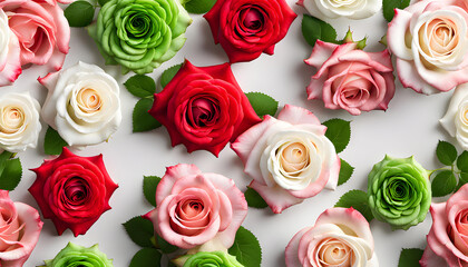 Group of natural rose flowers strewn on white background