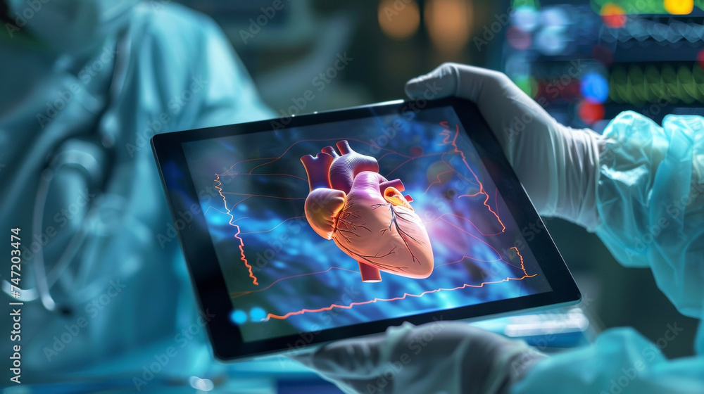 Poster a surgeons hand holding a tablet device using an interactive 3d heart model to explain a procedure t