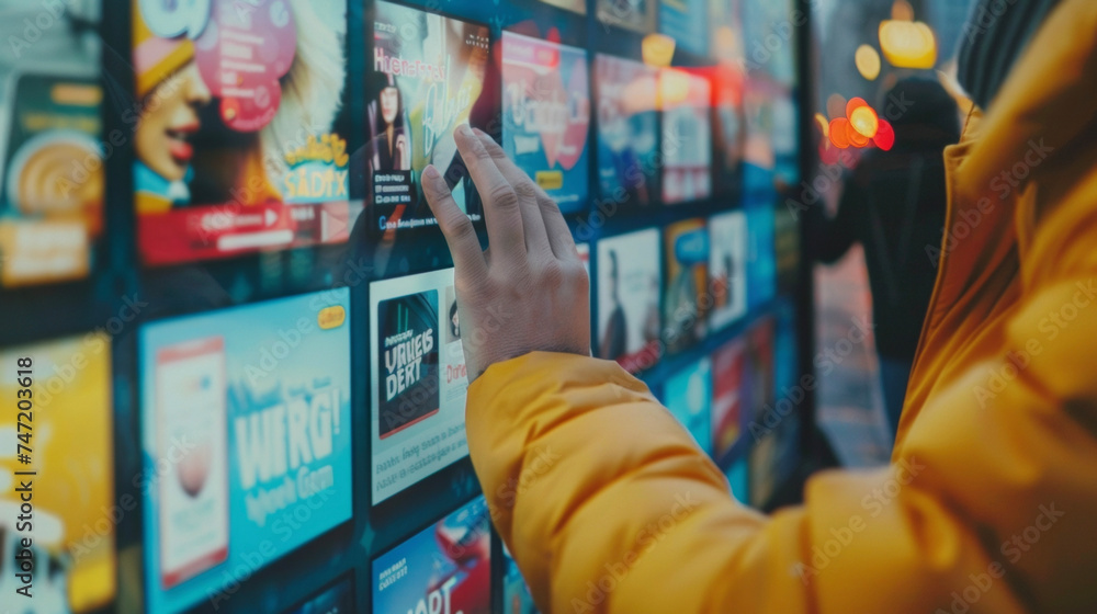 Poster a closeup shot of a persons hand scrolling through various ads on a digital billboard emphasizing th