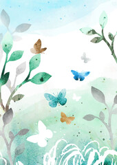 Vector watercolor stylish illustration with herbs, wildflowers, branches and butterflies isolated on white dackground. Romantic night abstract nature design for print, poster, banner, card