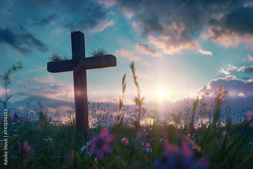 Aufkleber cross in the clouds a serene, pink-filled field with a cross in the sky generative ai