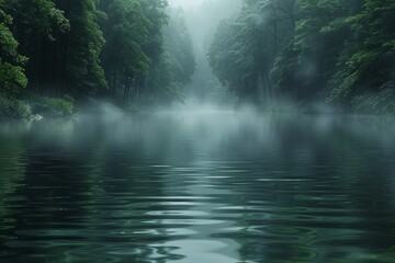 Misty Lake Surrounded by Trees