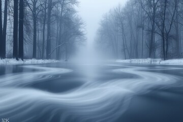 Winter River Flowing Through Snowy Forest