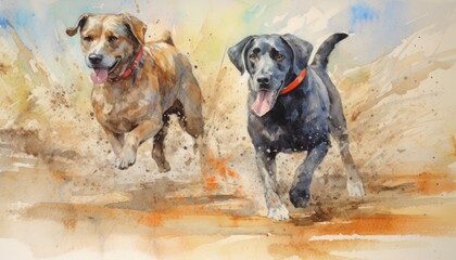 running dogs watercolor painting art