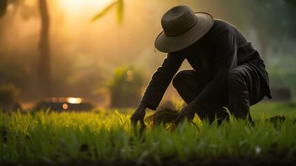The Sun's Embrace: A Day in the Life of an Asian Farmer in Lush Rice Fields - obrazy, fototapety, plakaty