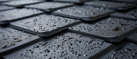 A close-up black and white shot of raindrops collected on a textured stone coated bituminous roof, showcasing the protective layer against moisture.